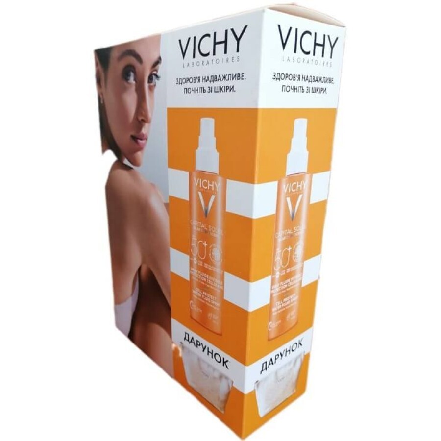 Набір Vichy Capital Soleil: Сонцезахисний водостійкий спрей-флюїд для тіла, SPF50+, 200 мл + Косметичка: ціни та характеристики