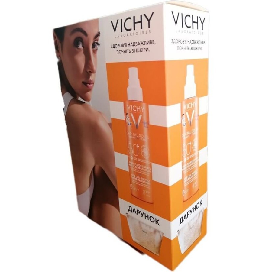 Набір Vichy Capital Soleil: Сонцезахисний водостійкий спрей-флюїд для чутливої шкіри дітей, SPF50+, 200 мл + Косметичка: ціни та характеристики
