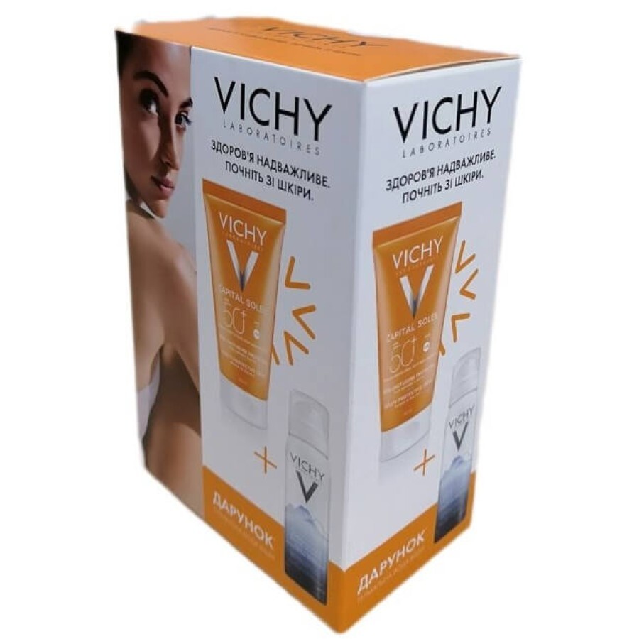 Набір Vichy Capital Soleil крем для сухої шкіри обличчя, SPF50+, 50 мл + Термальна вода, 50 мл: ціни та характеристики