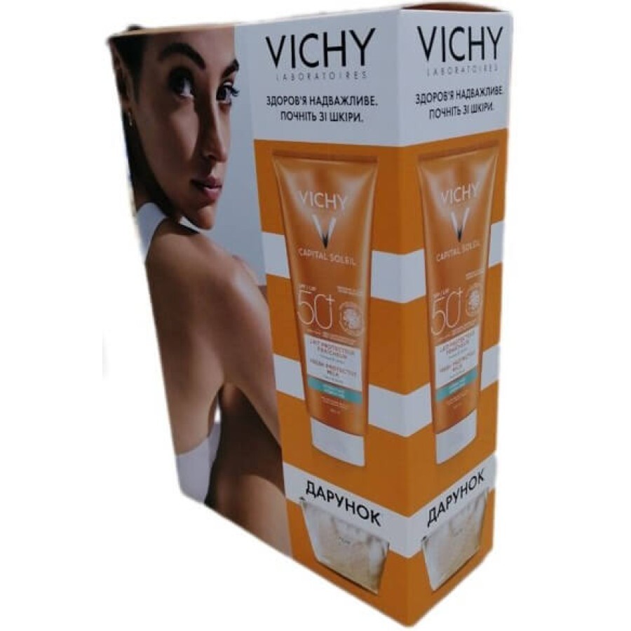 Набір Vichy Capital Soleil Водостійке молочко з гіалуроновою кислотою SPF50+, 200 мл + Косметичка: ціни та характеристики