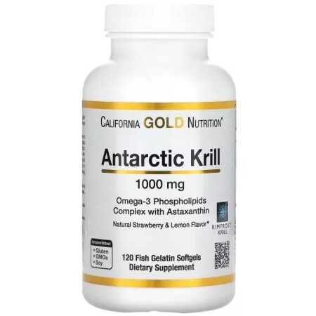 Олія антарктичного криля, 1000 мг, смак полуниці та лимона, Antarctic Krill Oil, Omega-3, California Gold Nutrition, 120 желатинових капсул
