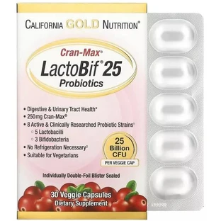 Пробиотики, 25 млрд КОЕ, вкус клюквы, Lactobif 25 Billion Cran-Max, California Gold Nutrition, 30 вегетарианских капсул