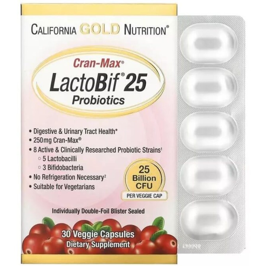 Пробиотики, 25 млрд КОЕ, вкус клюквы, Lactobif 25 Billion Cran-Max, California Gold Nutrition, 30 вегетарианских капсул: цены и характеристики