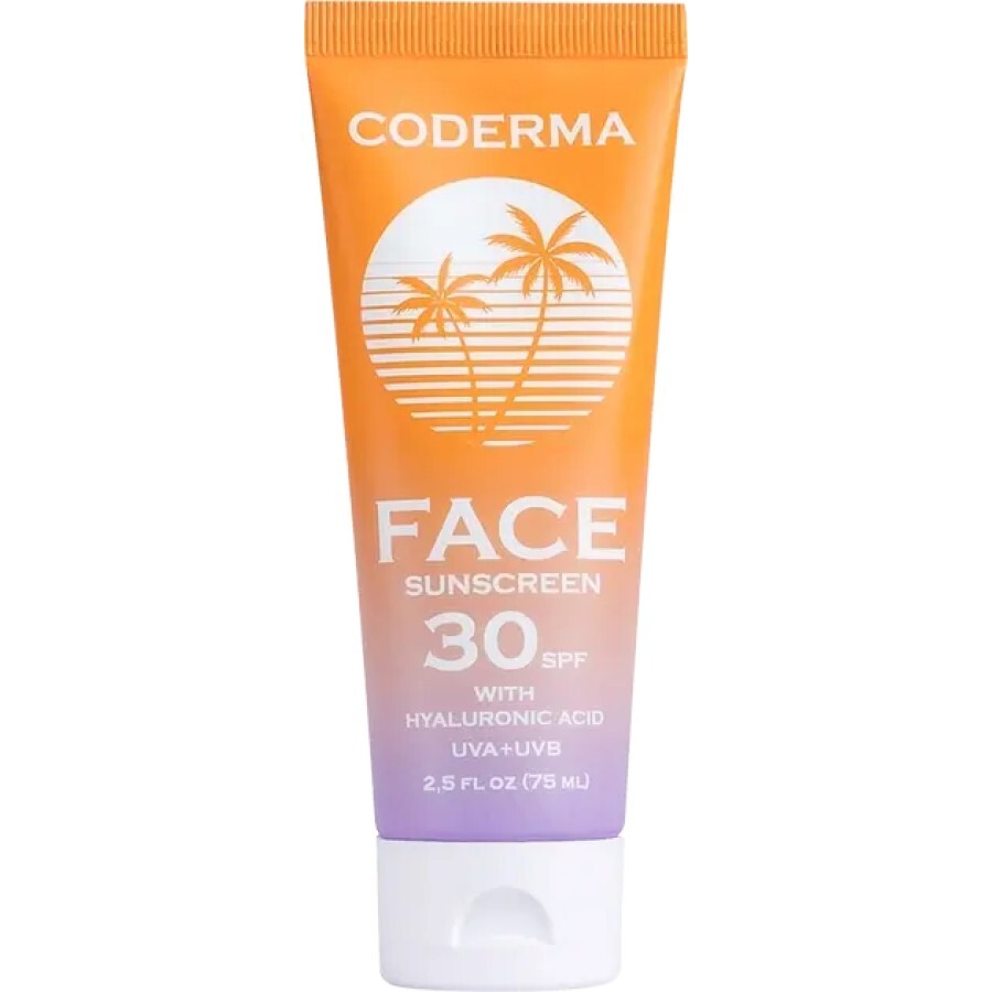 Сонцезахисний крем для обличчя Coderma SPF 30 з гіалуроновою кислотою, 75 мл: ціни та характеристики