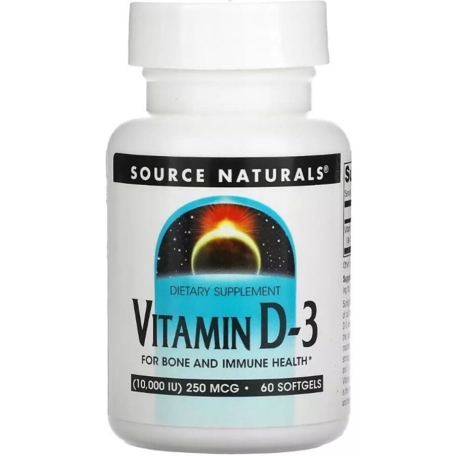 Витамин D-3, 10000 МЕ, Vitamin D-3, Source Naturals, 60 гелевых капсул: цены и характеристики