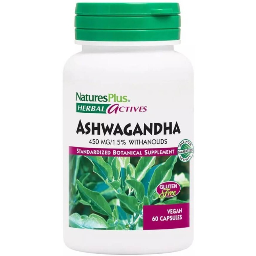 Ашваганда, 450 мг, Ashwagandha, Herbal Actives, Natures Plus, 60 вегетаріанських капсул: ціни та характеристики