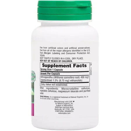 Ашваганда, 450 мг, Ashwagandha, Herbal Actives, Natures Plus, 60 вегетарианских капсул: цены и характеристики