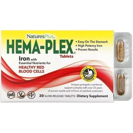 Железо с незаменимыми питательными веществами длительного высвобождения, Hema-Plex, Iron with Essential Nutrients for Healthy Red Blood Cells, Natures Plus, 30 таблеток