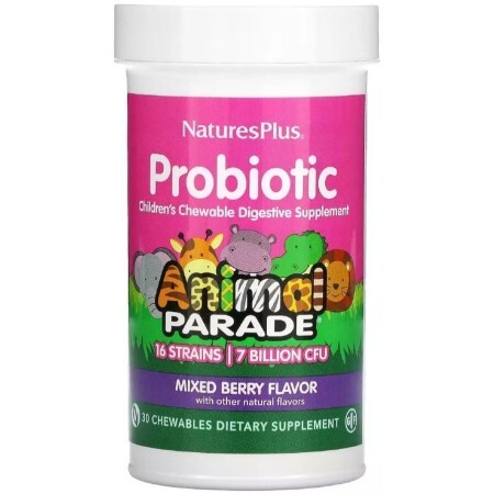 Пробиотик для Детей, 7 млрд КОЕ, вкус ягод, Animal Parade, Natures Plus, 30 жевательных таблеток