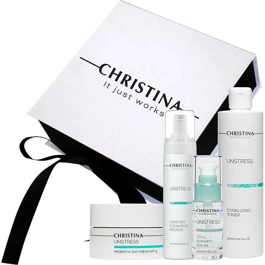 Подарунковий набір Christina Unstress (f/day/cr/50ml + f/mousse/200ml + f/ser/30ml + f/toner/300ml): ціни та характеристики
