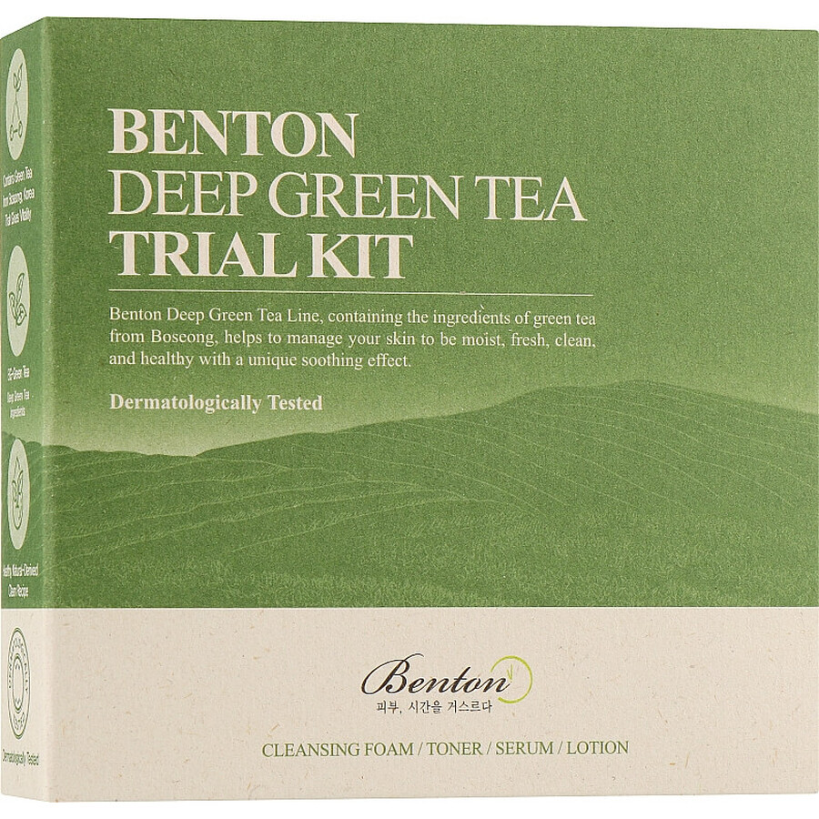 Набір мініатюр для догляду за шкірою обличчя, з зеленим чаєм Benton Deep Green Tea Deluxe Kit (f/toner/30ml + f/lotion/20ml + f/serum/5ml + f/cl/foam/20g): ціни та характеристики