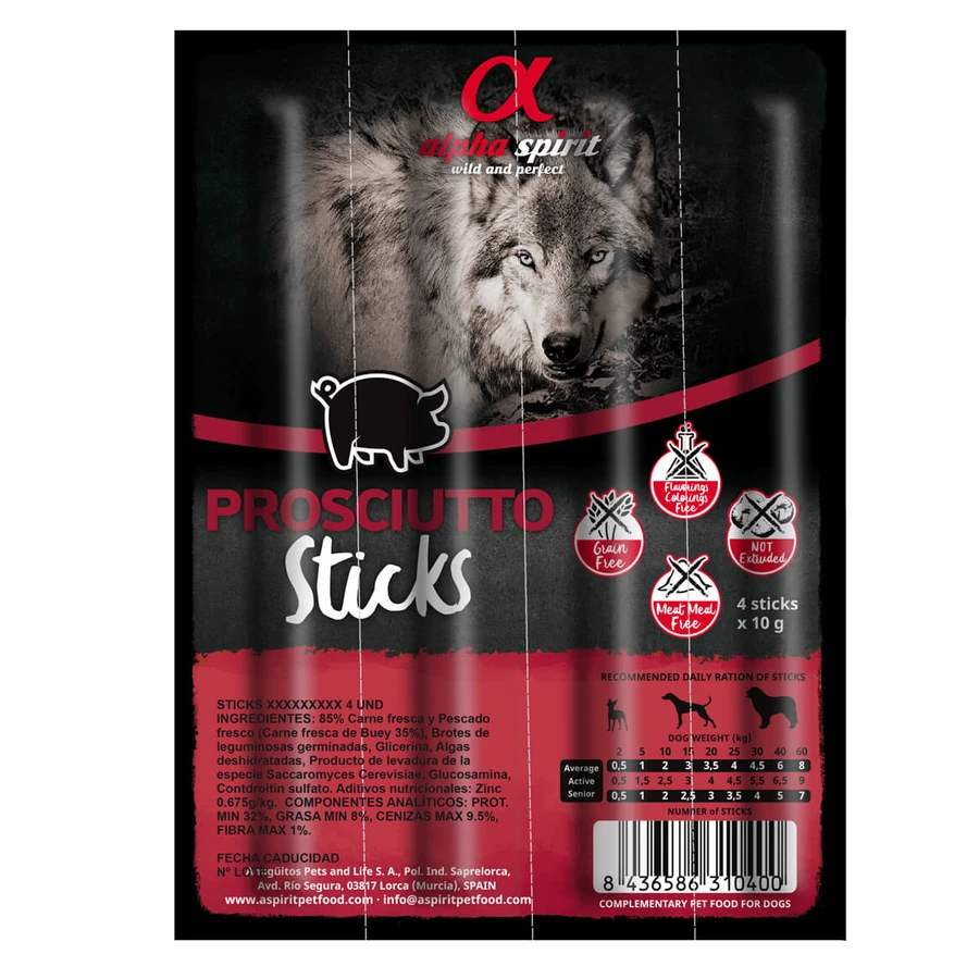Ласощі для собак Alpha Spirit DOG Sticks Prosciutto напіввологі з прошуто, палички, 40 г: ціни та характеристики