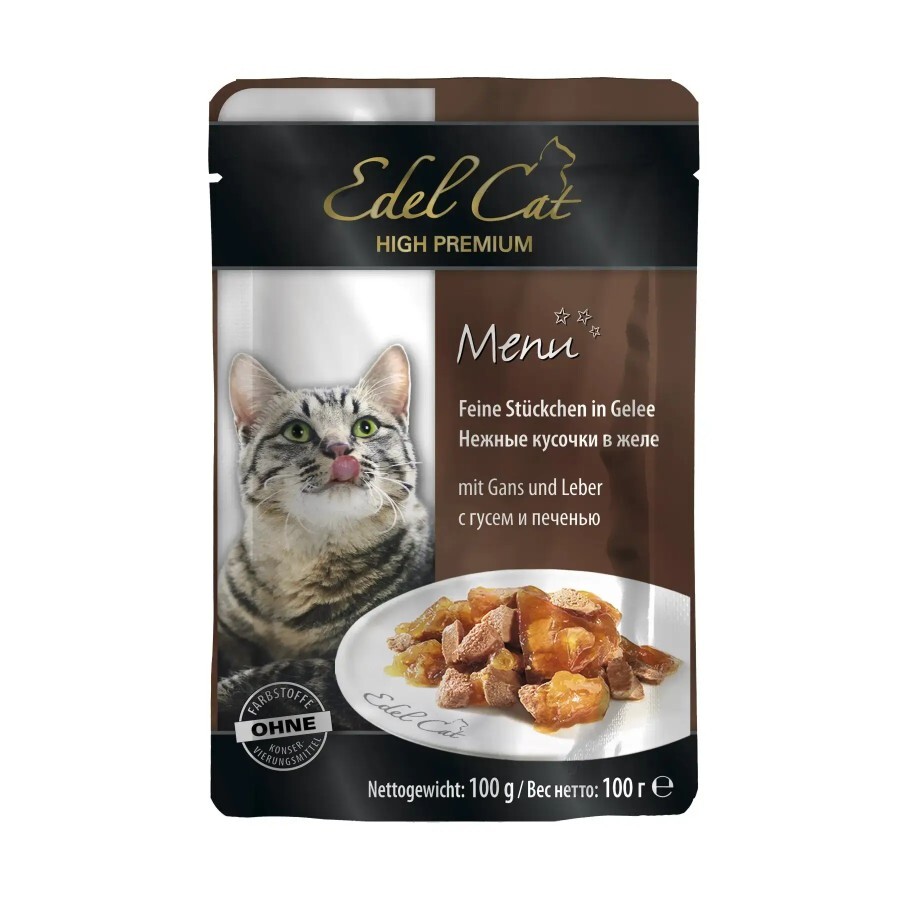Вологий корм для кішок Edel Cat ніжні шматочки у желе, гусь та печінка, 100 г: ціни та характеристики