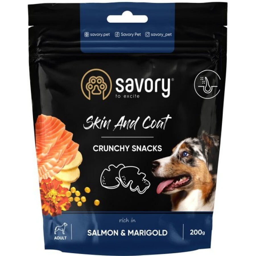 Ласощі для собак Savory для здоров'я шкіри і вовни собак, з лососем 200 г: ціни та характеристики