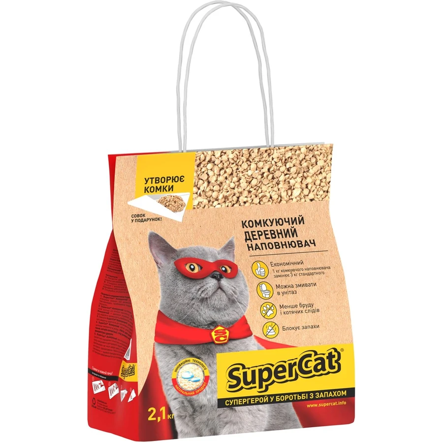 Наповнювач для туалету Super Cat Деревний грудкувальний 2.1 кг (3 л) + совочок у подарунок: ціни та характеристики