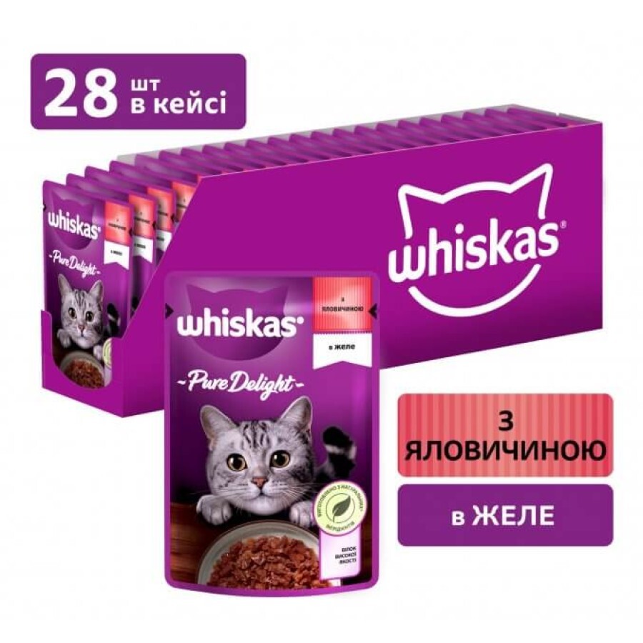 Влажный корм для кошек Whiskas Pure Delight с говядиной в желе 85 г: цены и характеристики