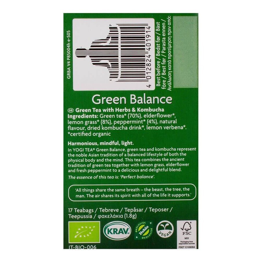 Чай "Зеленый баланс", 17 пакетиков, YOGI TEA: цены и характеристики