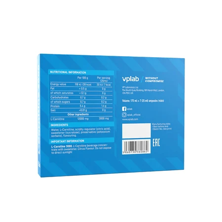 L-Карнітин VPLab L-CARNITINE 3000, 25 мл х 7 шт.: ціни та характеристики