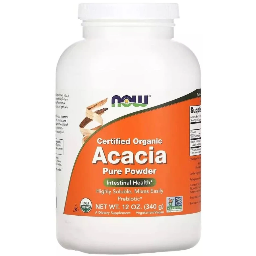 Клетчатка акации, сертифицированный органический порошок, Organic Acacia Pure Powder, Now Foods, 340 г: цены и характеристики