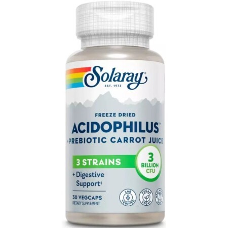 Ацидофилы, Пробиотик и пребиотик морковного сока, Acidophilus 3 Strain Probiotic & Prebiotic Carrot Juice, Solaray, 30 вегетарианских капсул