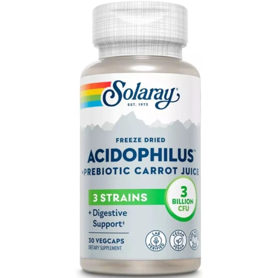 Ацидофіли, Пробіотик та пребіотик морквяного соку, Acidophilus 3 Strain Probiotic & Prebiotic Carrot Juice, Solaray, 30 вегетаріанських капсул: ціни та характеристики