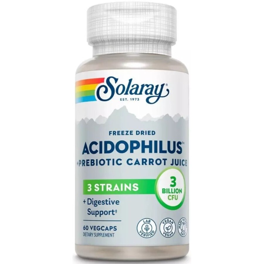 Ацидофилы, Пробиотик и пребиотик морковного сока, Acidophilus 3 Strain Probiotic & Prebiotic Carrot Juice, Solaray, 60 вегетарианских капсул: цены и характеристики