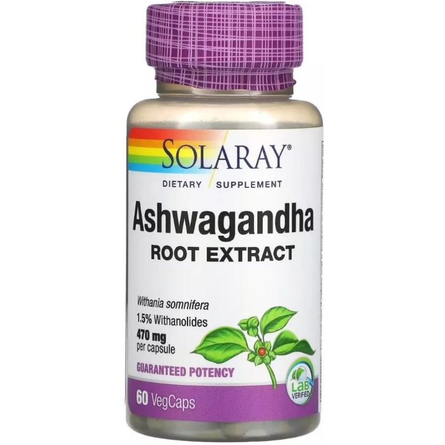 Ашваганда, 470 мг, Ashwagandha, Solaray, 60 вегетаріанських капсул: ціни та характеристики