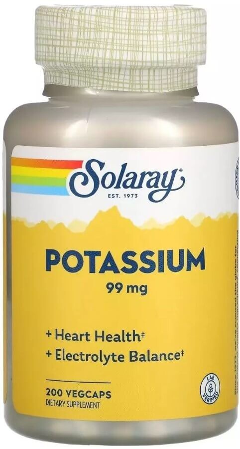 Калій, 99 мг, Potassium, Solaray, 200 вегетаріанських капсул: ціни та характеристики