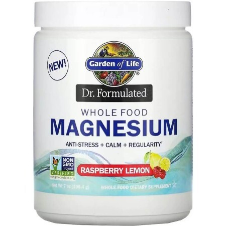 Магний Цельнопищевой, вкус малины и лимона, Whole Food Magnesium Powder, Garden of Life, 198,4 г