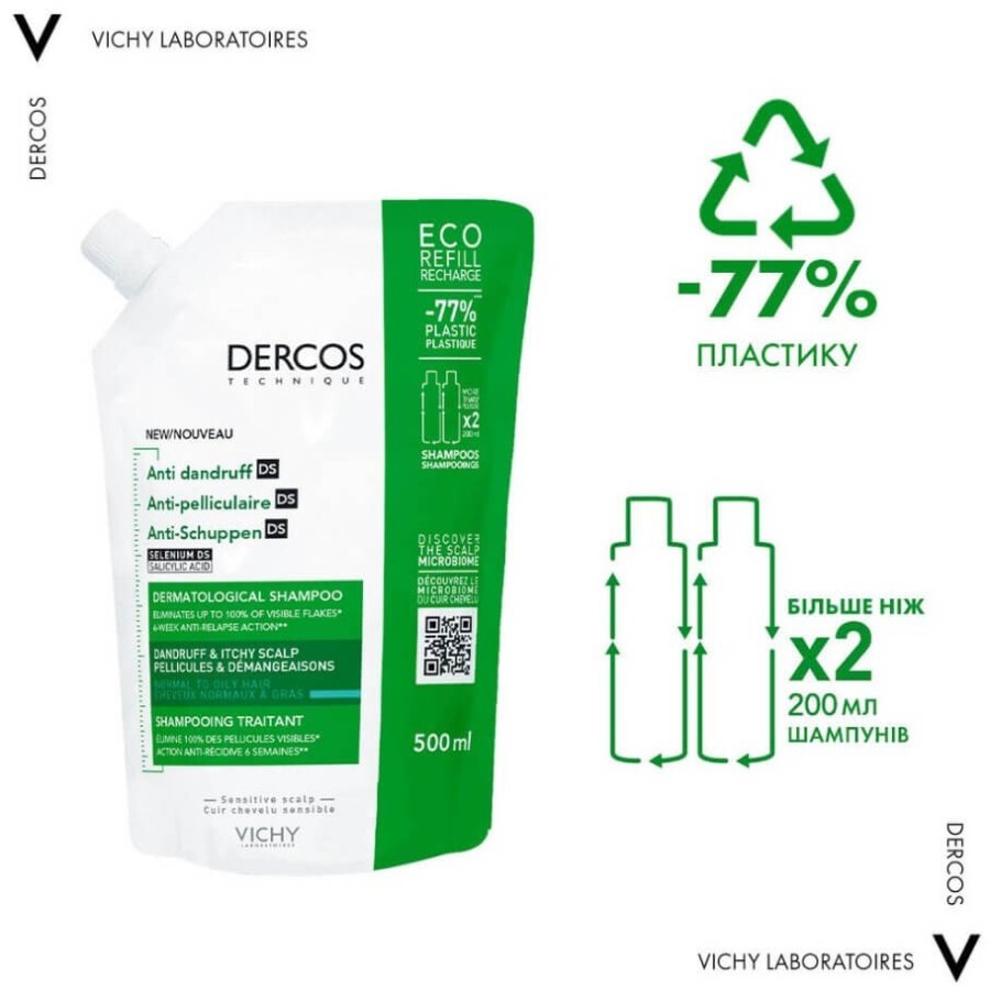 Шампунь Vichy Dercos посиленої дії проти лупи для жирного волосся і подразнення шкіри голови, 500 мл: ціни та характеристики