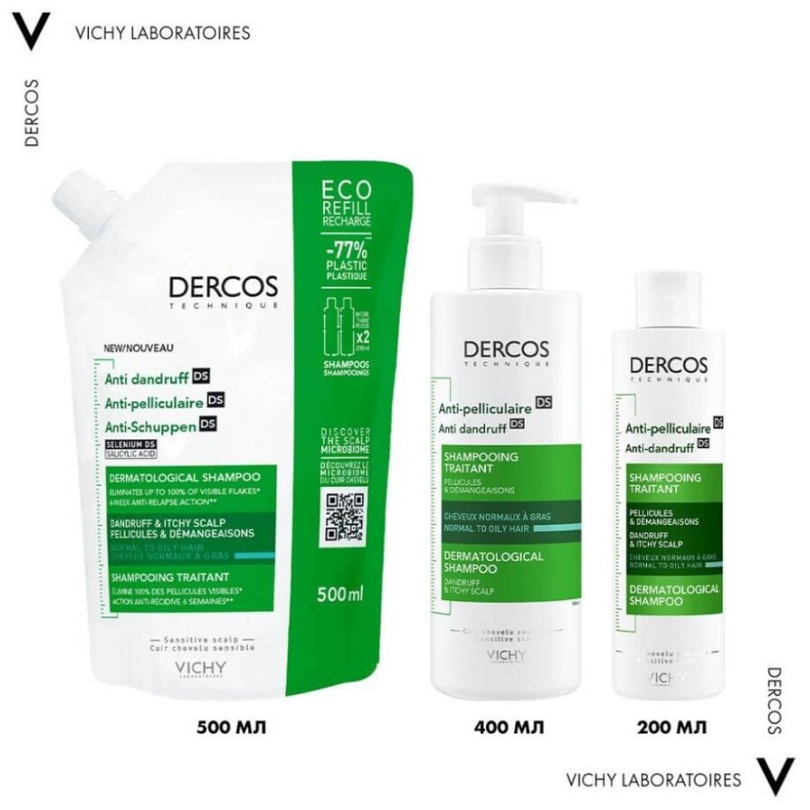 Шампунь Vichy Dercos посиленої дії проти лупи для жирного волосся і подразнення шкіри голови, 500 мл: ціни та характеристики
