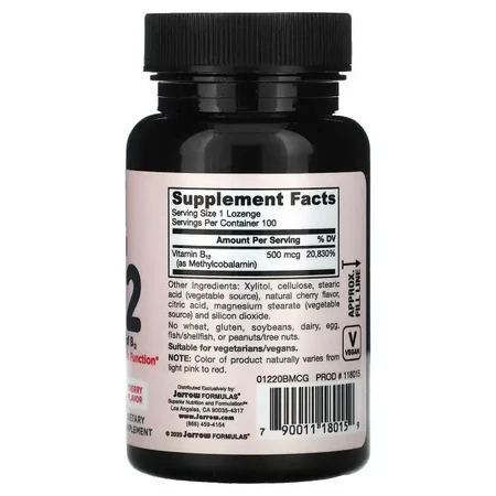 Jarrow Formulas, Метилкобаламін 500 мкг (вітамін B12), зі смаком вишні, 100 жувальних пастилок: ціни та характеристики