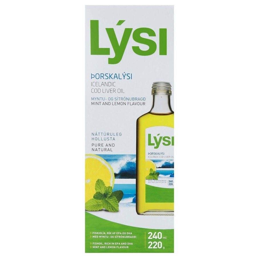 Омега-3 Lysi Рыбий жир из печени трески с витаминами A, D, E, со вкусом лимона и мяты, 240 мл: цены и характеристики