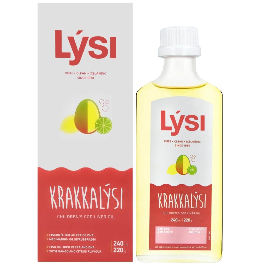 Омега-3 Lysi Kids из печени трески и тунца с витаминами A, D, E со вкусом лимона и манго, 240 мл: цены и характеристики