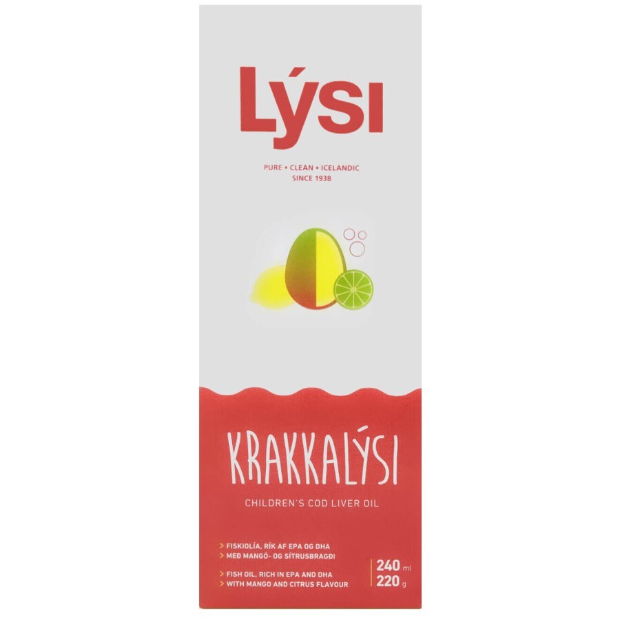 Омега-3 Lysi Kids из печени трески и тунца с витаминами A, D, E со вкусом лимона и манго, 240 мл: цены и характеристики