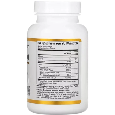 Крильовий жир преміальної якості, 1000 мг, Premium Krill Oil with Superba2, California Gold Nutrition, 60 желатинових капсул: ціни та характеристики