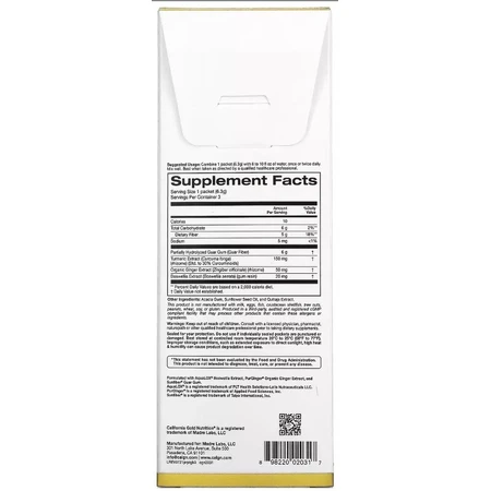 Пребіотична клітковина з куркумою імбиром та босвеллією, Prebiotic Fiber Plus Turmeric Ginger & Boswellia, California Gold Nutrition, 3 стика по 6,3 г: ціни та характеристики