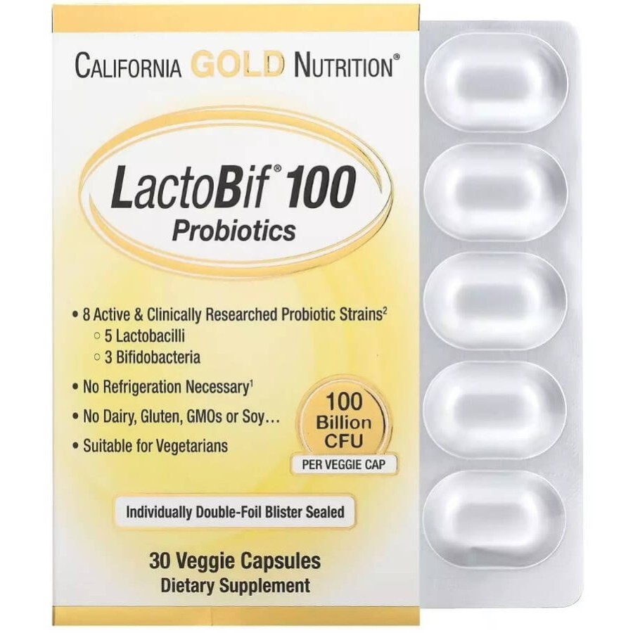 Пробіотики, 100 млрд КУО, LactoBif 100 Probiotics, 100 Billion CFU, California Gold Nutrition, 30 вегетаріанських капсул: ціни та характеристики