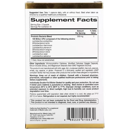Пробиотики, 100 млрд КОЕ, LactoBif 100 Probiotics, 100 Billion CFU, California Gold Nutrition, 30 вегетарианских капсул: цены и характеристики