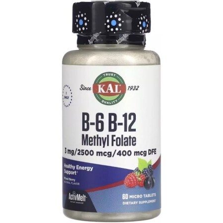 Витамины B6+B12 и метилфолат, вкус ягод, B-6 B-12 Methyl Folate, KAL, 60 микротаблеток