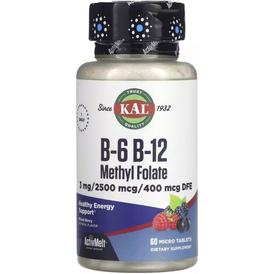 Витамины B6+B12 и метилфолат, вкус ягод, B-6 B-12 Methyl Folate, KAL, 60 микротаблеток: цены и характеристики
