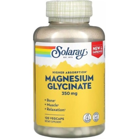 Магний Глицинат высокой усваиваемости, 350 мг, High Absorption Magnesium Glycinate, Solaray, 120 вегетарианских капсул