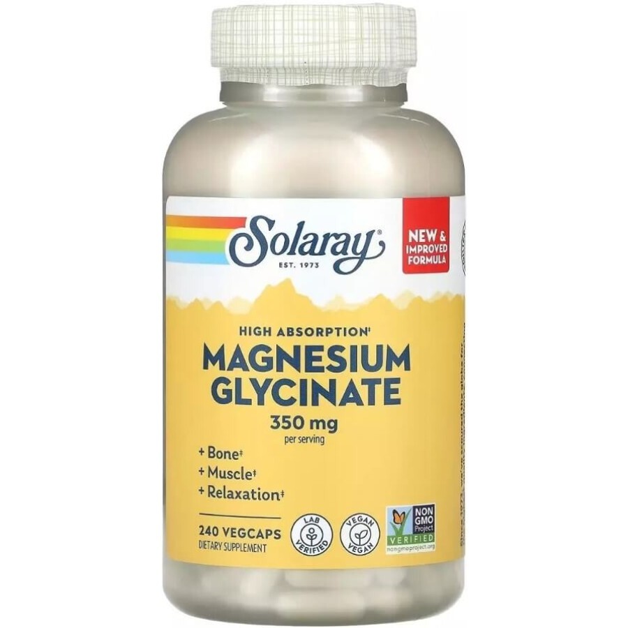 Магній Гліцинат високої засвоюваності, 350 мг, High Absorption Magnesium Glycinate, Solaray, 240 вегетаріанських капсул: ціни та характеристики