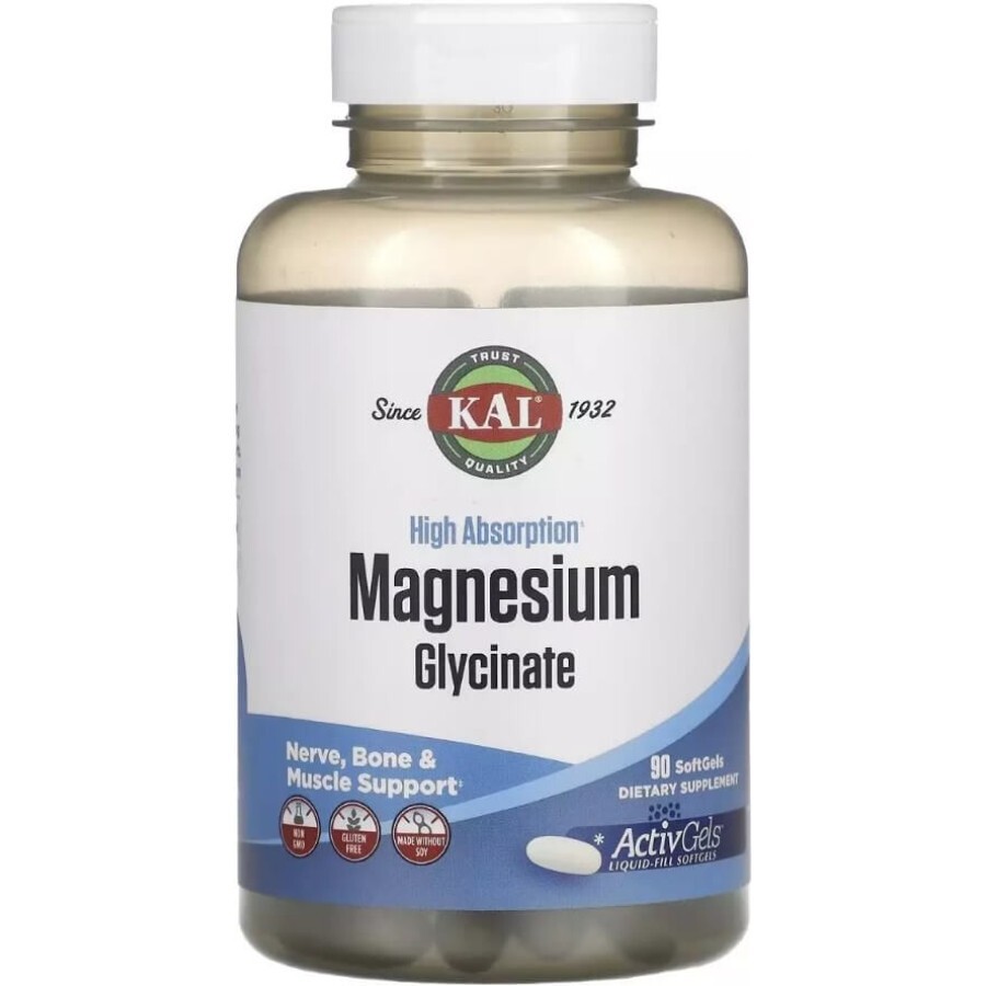 Магній Гліцинат високої засвоюваності, 315 мг, High Absorption Magnesium Glycinate, KAL, 90 желатинових капсул: ціни та характеристики