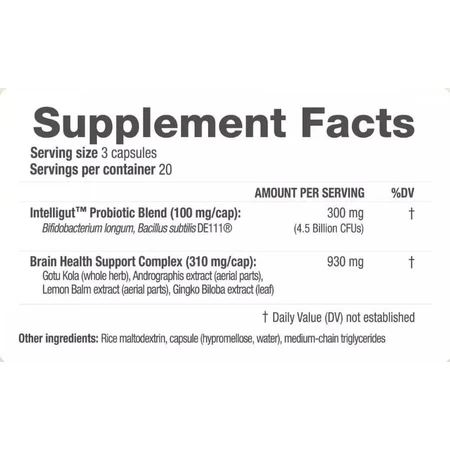 Комплекс для здоров'я мозку з пробіотиком, Інтелігут, Intelligut, RidgeCrest Herbals, 60 капсул: ціни та характеристики