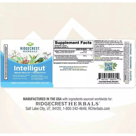 Комплекс для здоров'я мозку з пробіотиком, Інтелігут, Intelligut, RidgeCrest Herbals, 60 капсул: ціни та характеристики