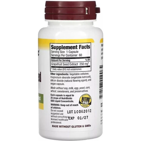 Екстракт насіння грейпфрута, 250 мг, Grapefruit Seed Extract, NutriBiotic, 60 капсул: ціни та характеристики