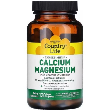 Кальций, Магний и Витамин D, Calcium Magnesium with Vitamin D, Country Life, 120 вегетарианских капсул
