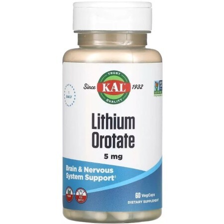 Литий оротат, 5 мг, Lithium Orotate, KAL, 60 вегетарианских капсул
