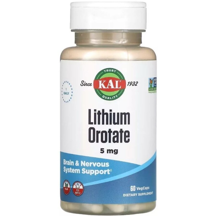 Літій оротат, 5 мг, Lithium Orotate, KAL, 60 вегетаріанських капсул: ціни та характеристики